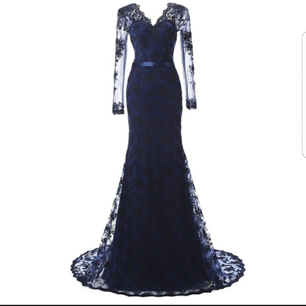Navy Blue Lace V-Neck Mermaid Dress Evening Gown